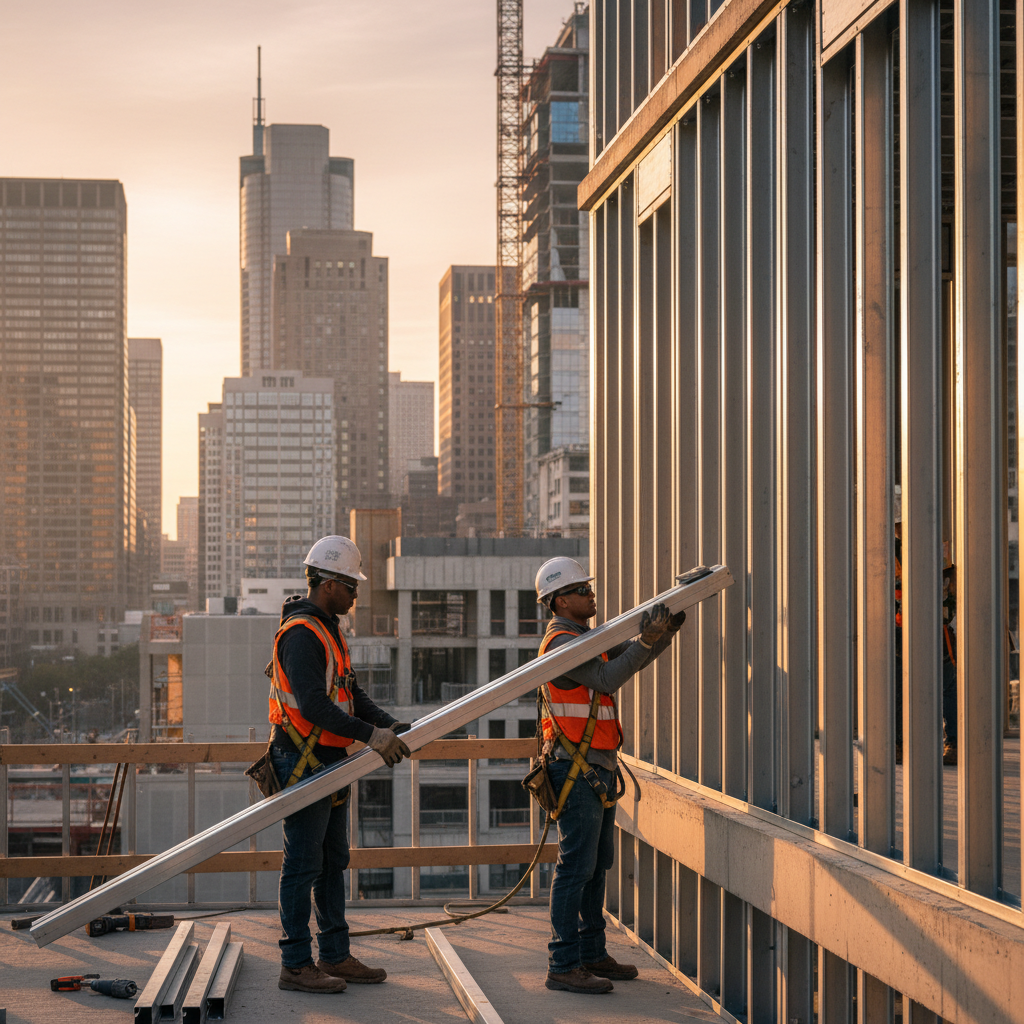 Exterior cold-formed steel framing with slotted deflection track and bridging channel installation on a mid-rise slab edge