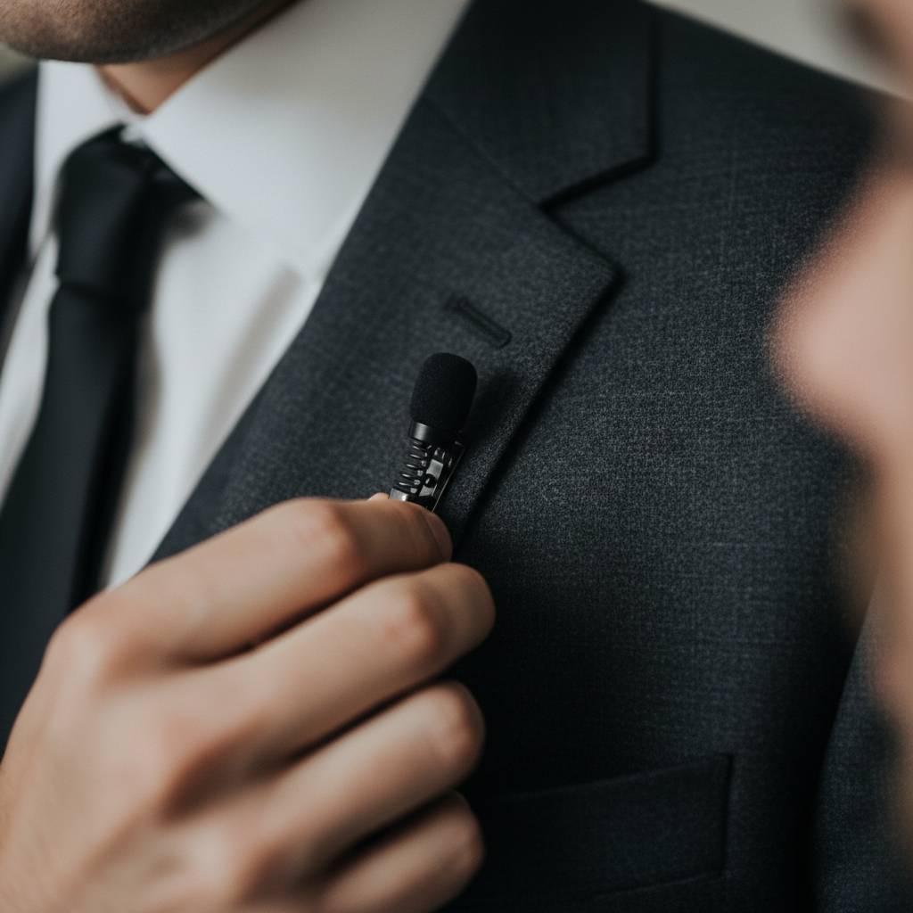 Close-up lavalier mic setup for vows in a wedding cinematography checklist
