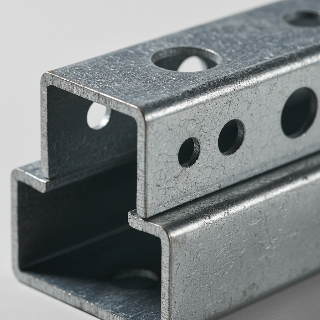 Close-up of galvanized C-shaped steel stud seated in standard floor track, showing service holes and zinc coating texture for metal framing