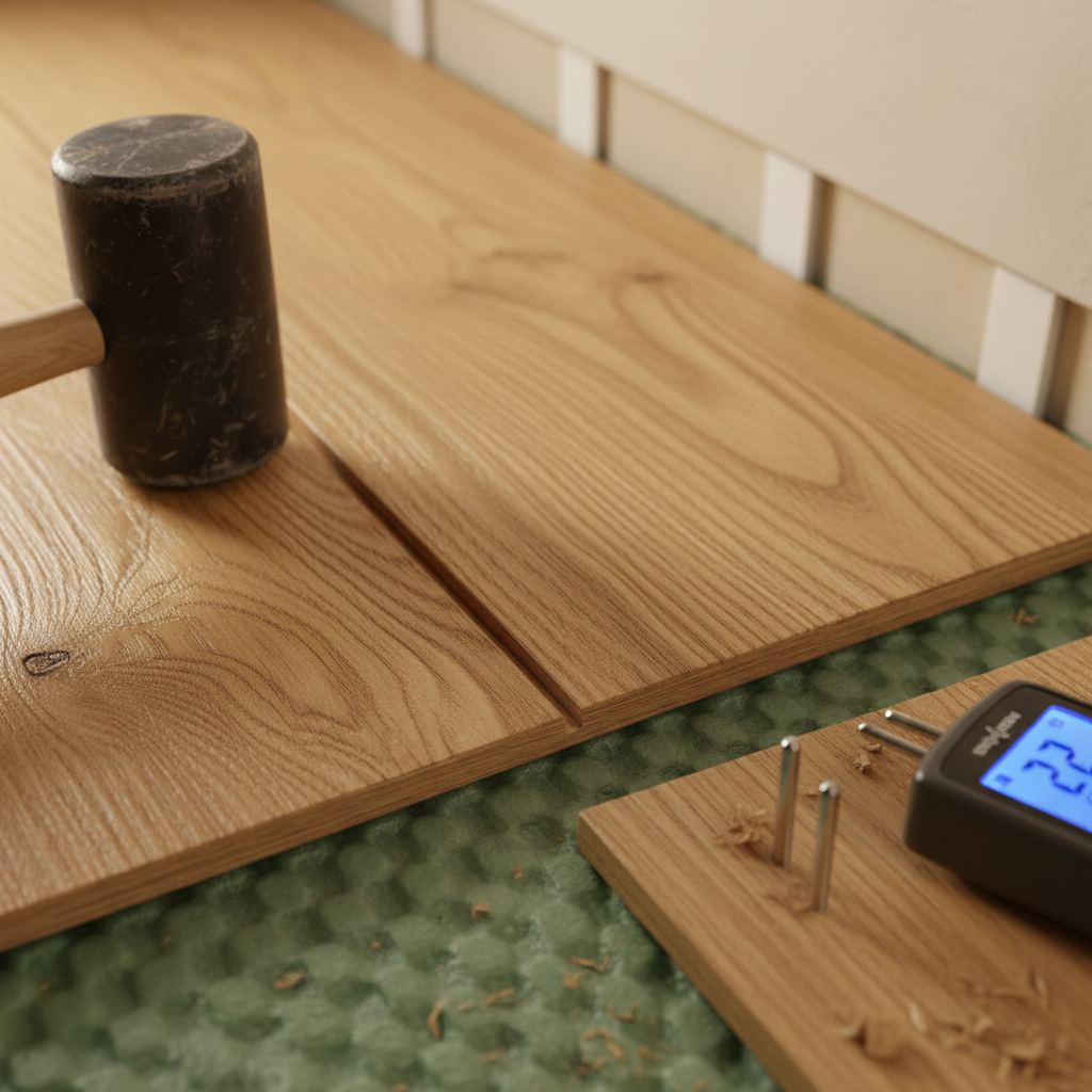 Hardwood Floors: Cut Install Costs and Stress in 2026 1 Close-up of tongue-and-groove hardwood flooring installation over underlayment with spacers and moisture meter for quality control