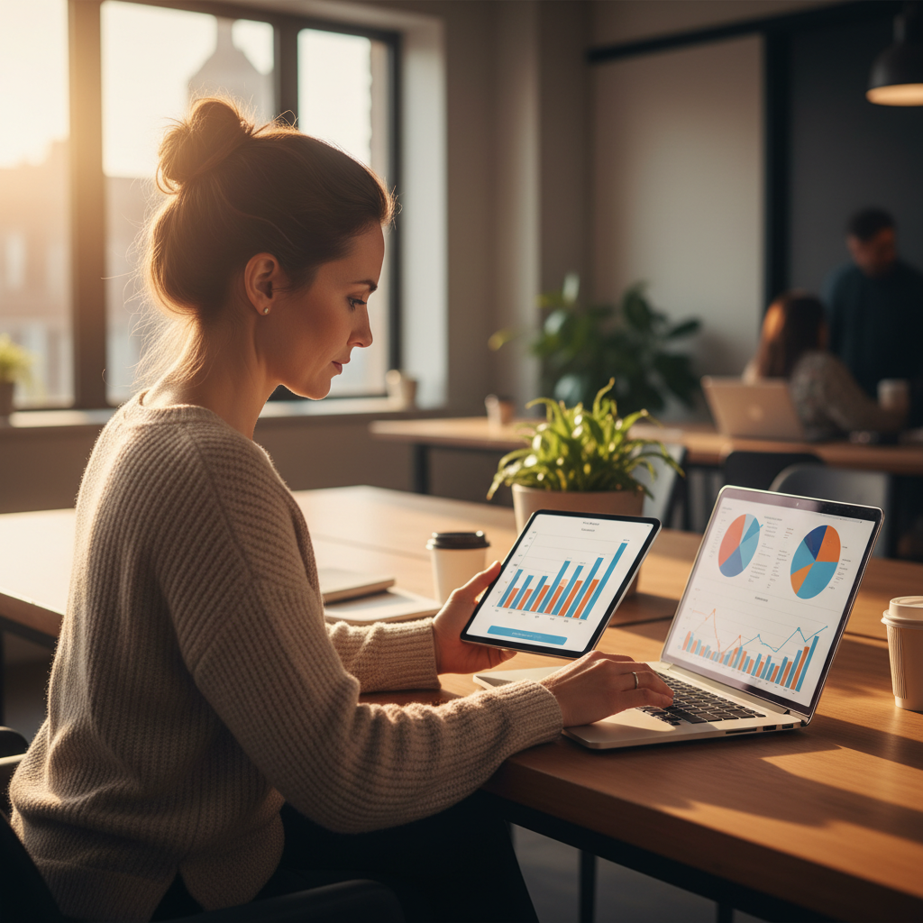 Small business owner reviewing automated SEO performance dashboards on laptop and tablet, representing an SEO automation platform at work