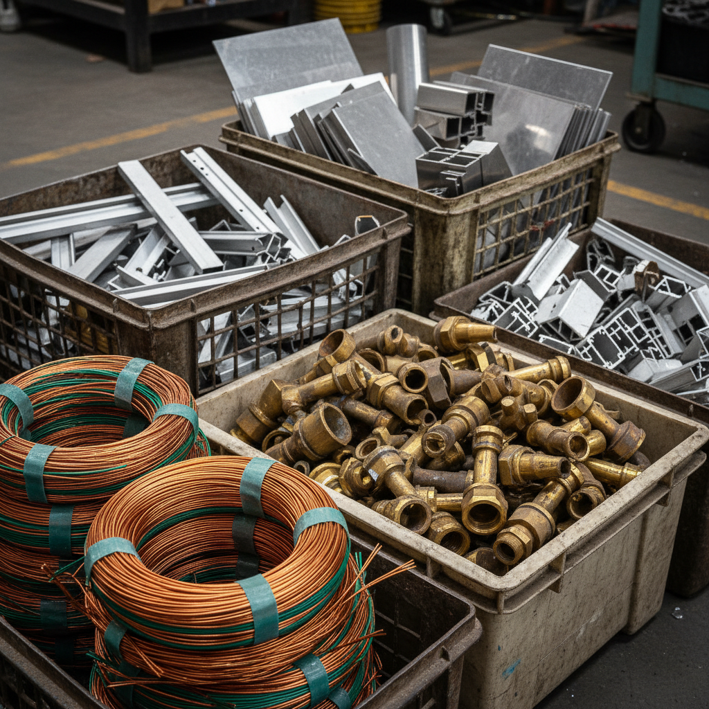 Sorted scrap metals bundled wire, brass faucets, stainless pieces, aluminum extrusions prepared for free scrap metal pickup