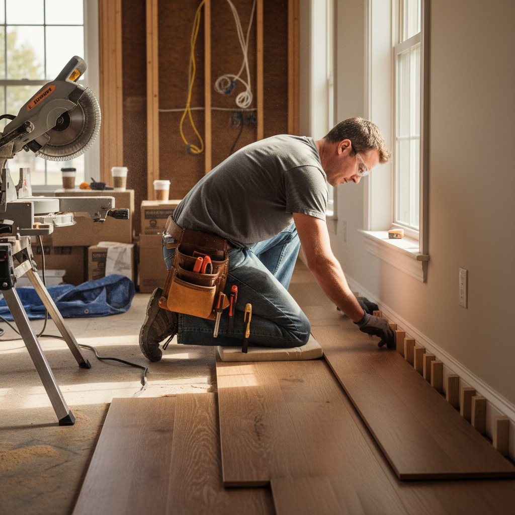 Hardwood Floors: Cut Install Costs and Stress in 2026 2 Professional installer placing expansion spacers before laying hardwood planks for a stable floating or glue-down method