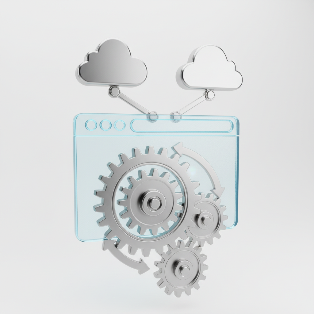 Close-up concept of an SEO automation platform workflow with interlocking gears and cloud icons, illustrating automated on-page SEO and publishing