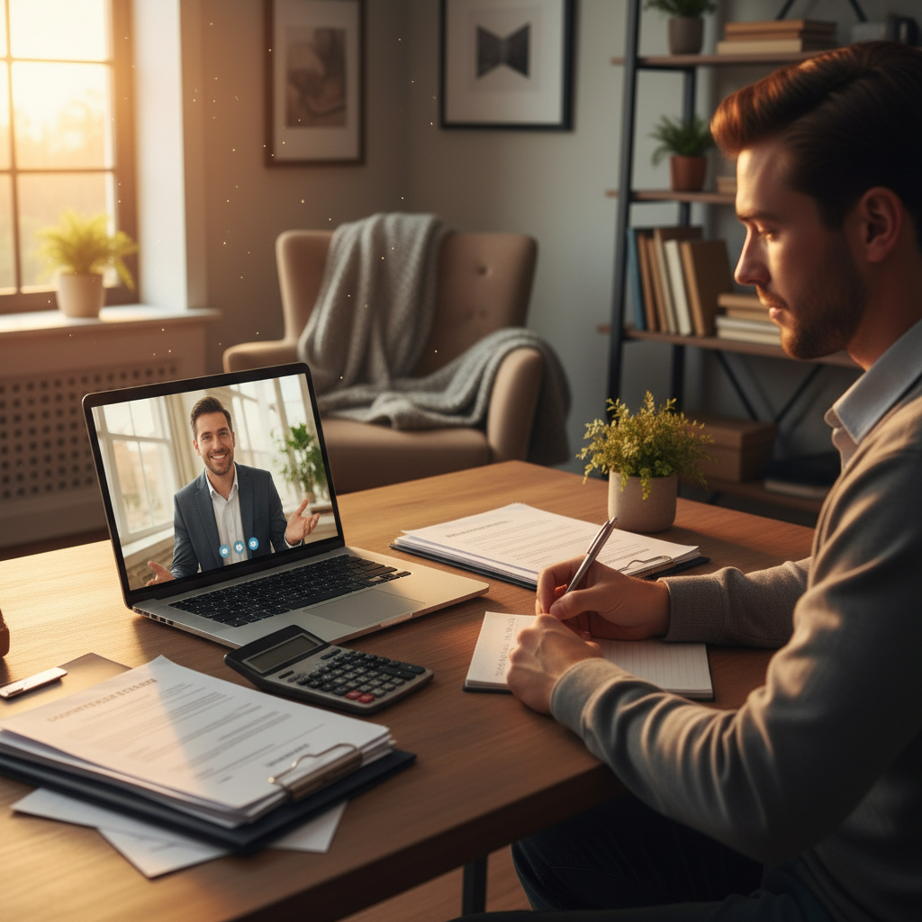 Homeowner in a virtual meeting with a mortgage broker discussing refinance options, notes and calculator on desk for refinance home loan planning