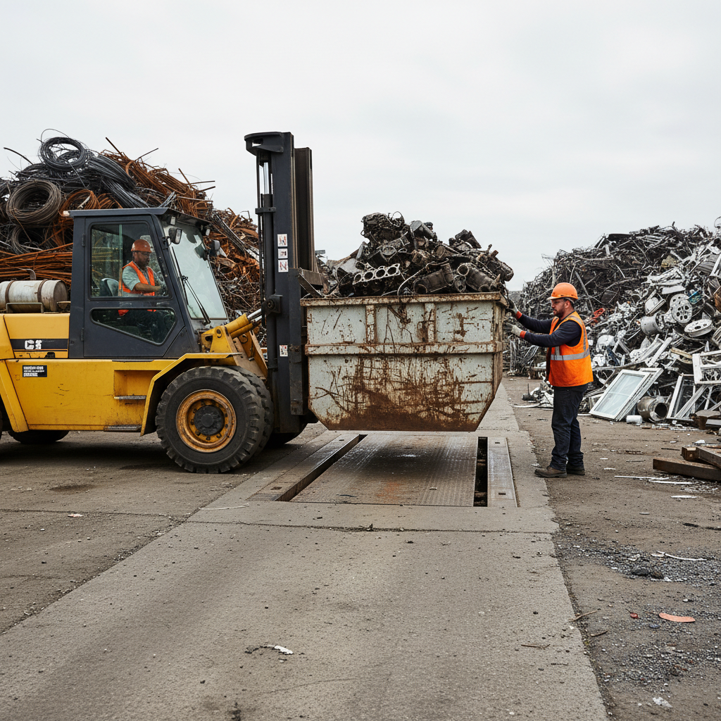 Scrap yard drop-off scene with forklift moving a metal bin and weigh scale platform in background at Etobicoke facility