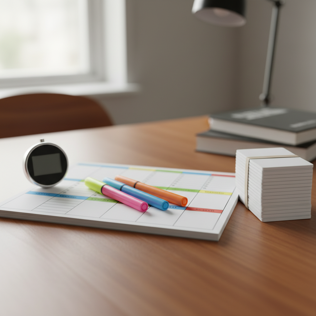 Organized CCBA exam preparation tips setup with color-coded planner, timer, and flashcards for BABOK study