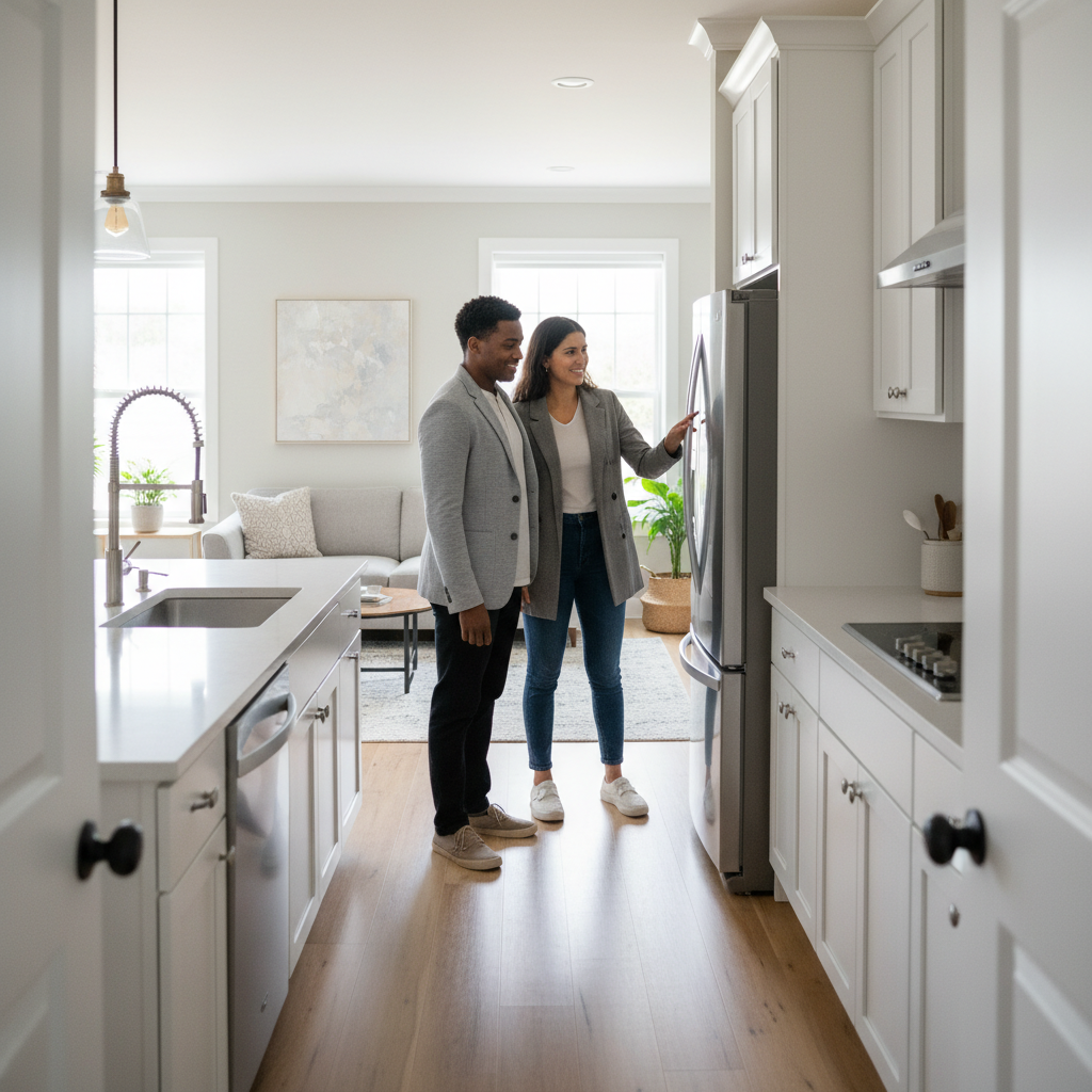 Realtor guiding first-time buyers through features in a bright open-concept kitchen, illustrating the home tour process in Brampton