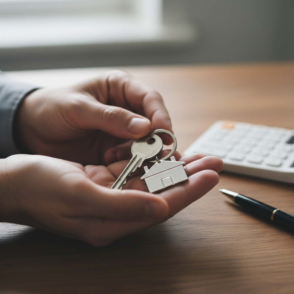 Close-up of first-time buyer holding a house key near calculator and pen, symbolizing mortgage readiness and home offer planning in Brampton