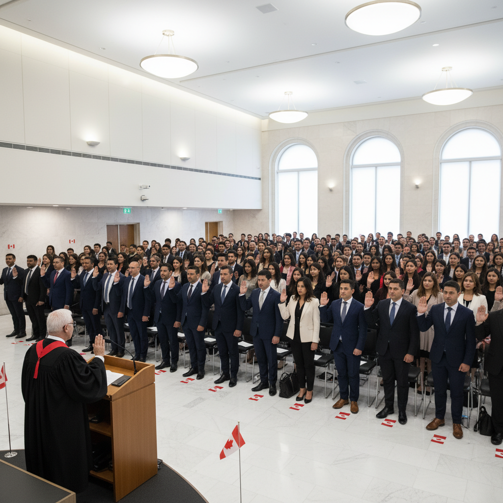 Canadian citizenship ceremony overview representing the Canada citizenship services process with diverse new citizens taking the oath