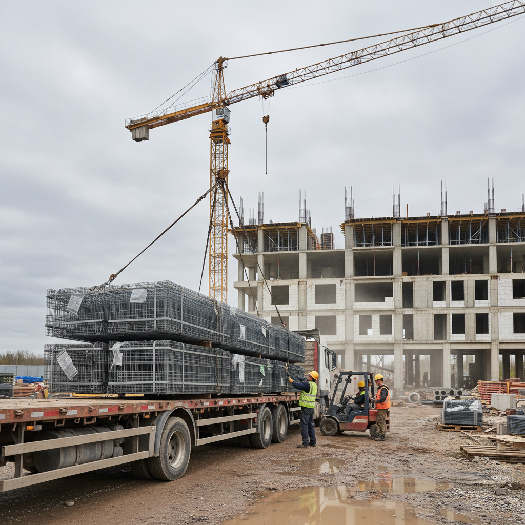 Welded wire mesh panels being unloaded from a flatbed truck at a commercial Ontario job site, ready for staged placement