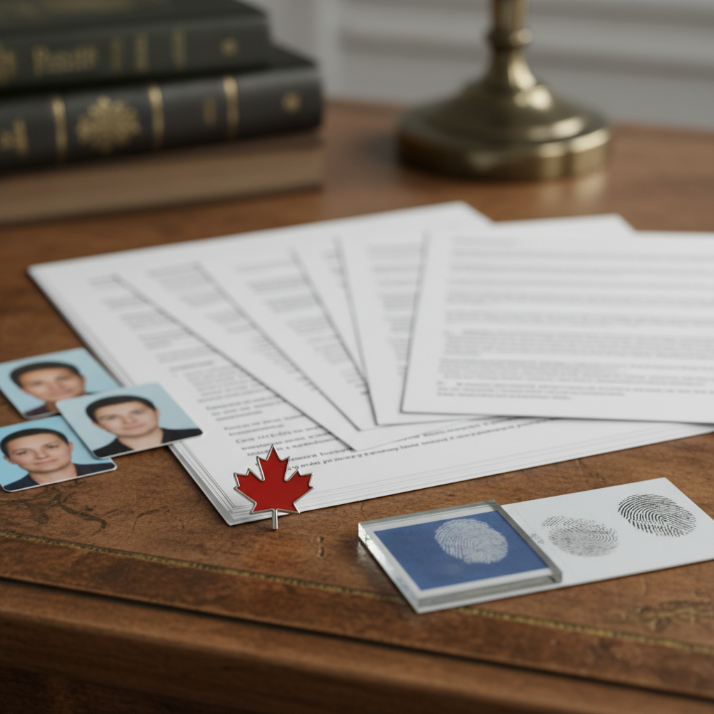 Close-up of organized Canadian citizenship application materials and biometrics kit supporting the Canada citizenship services process