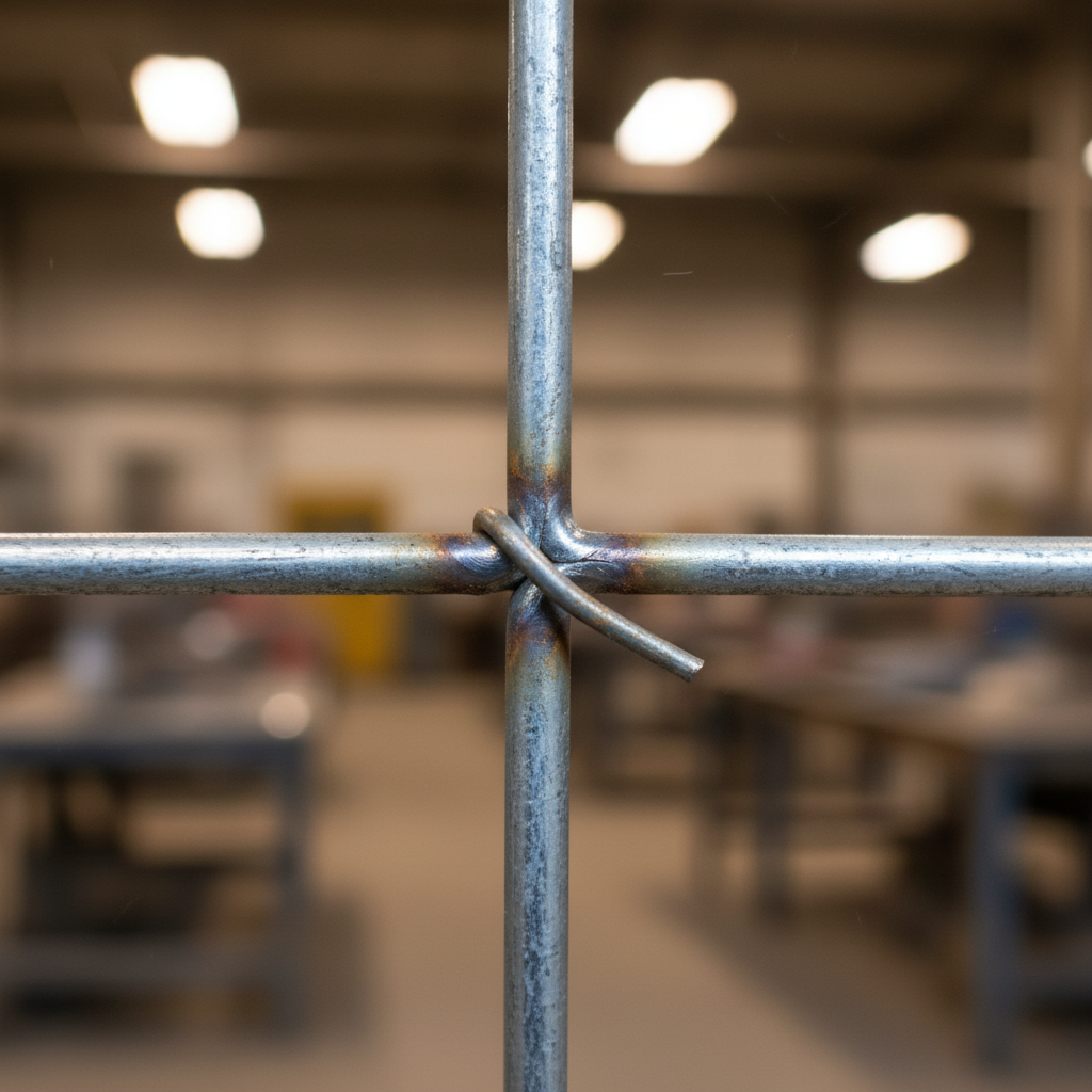 Close-up of welded wire mesh reinforcement intersection with tie wire and deformed wire texture, illustrating crack-control steel in concrete