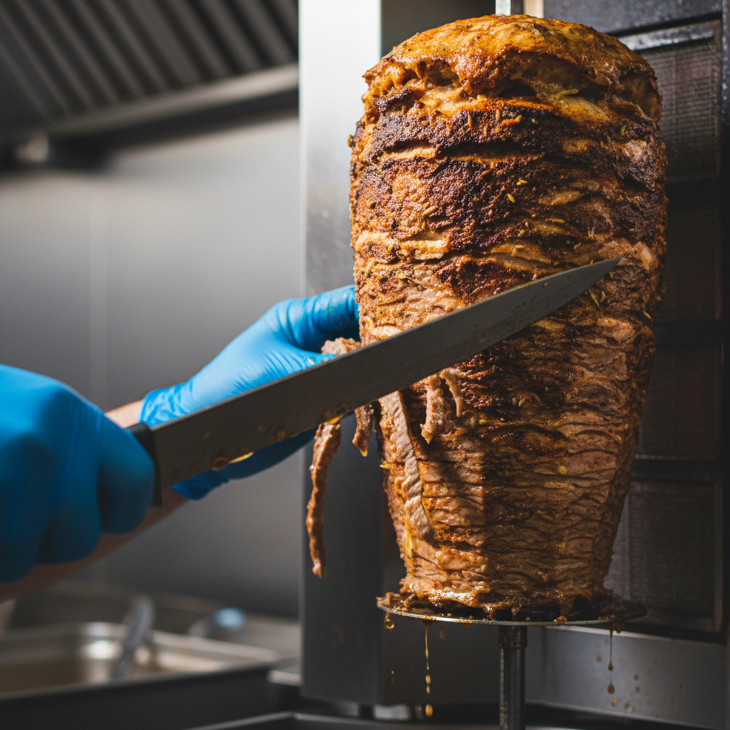 Close-up of authentic Toronto shawarma carved from a vertical rotisserie, highlighting Turkish cuisine in Toronto