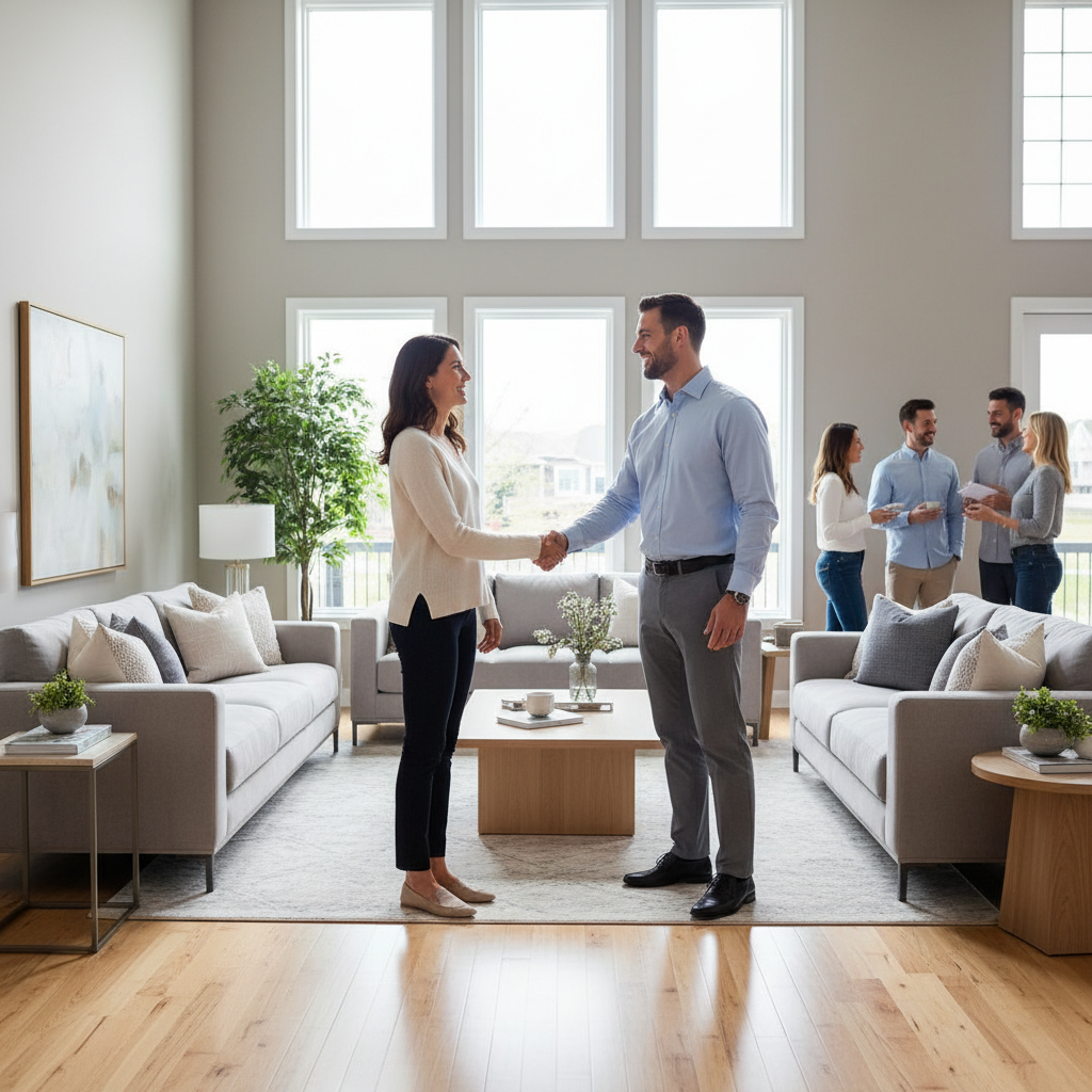 Homeowner greeting a prospective buyer at a bright open house, demonstrating direct selling without real estate commission fees