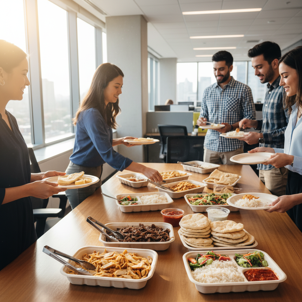 Toronto office lunch with Turkish catering: shawarma trays, salads, rice, and sauces set up for a team