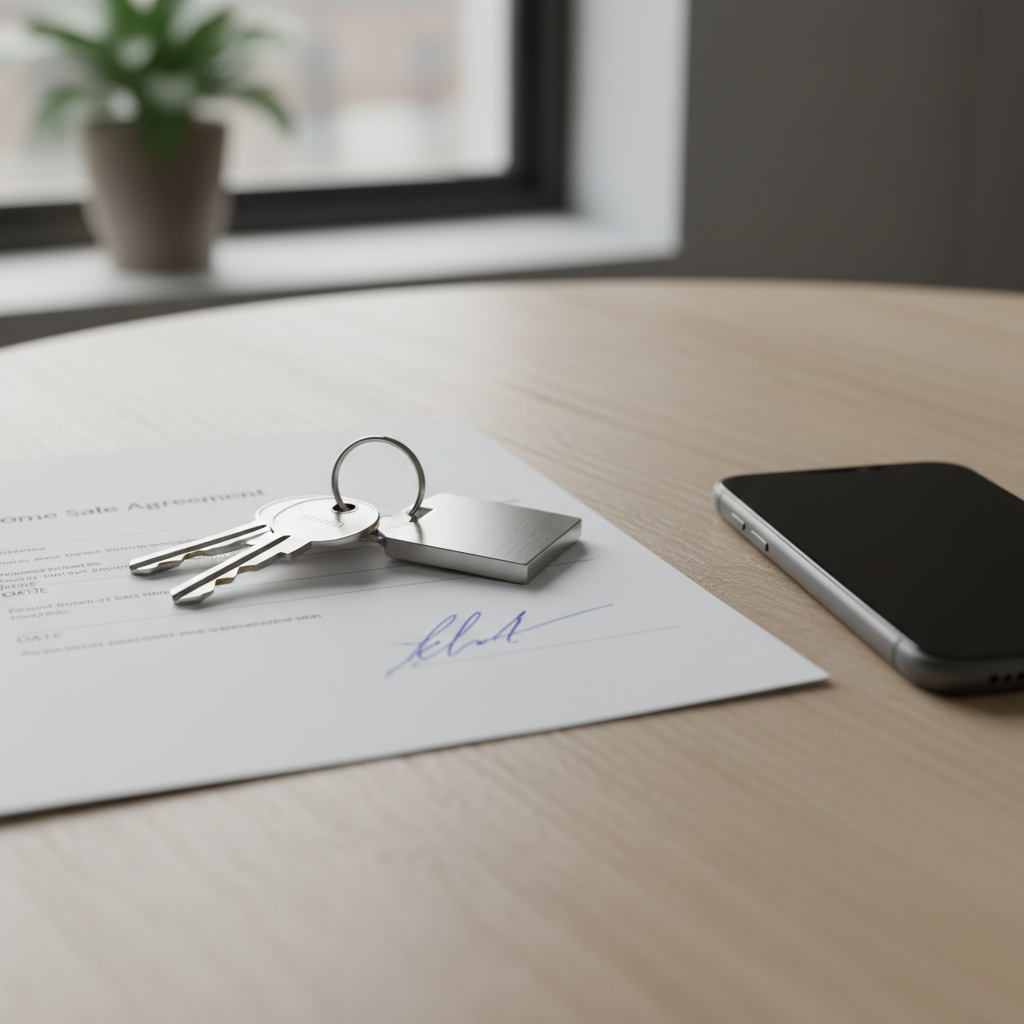 Close-up of house keys beside a signed home sale agreement, illustrating real estate commission fees and closing steps