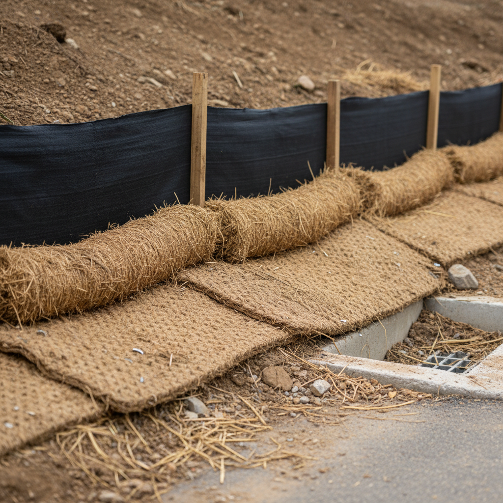 Erosion and sediment control installed on a Texas construction site as part of environmental planning, including silt fence and wattles protecting a curb inlet