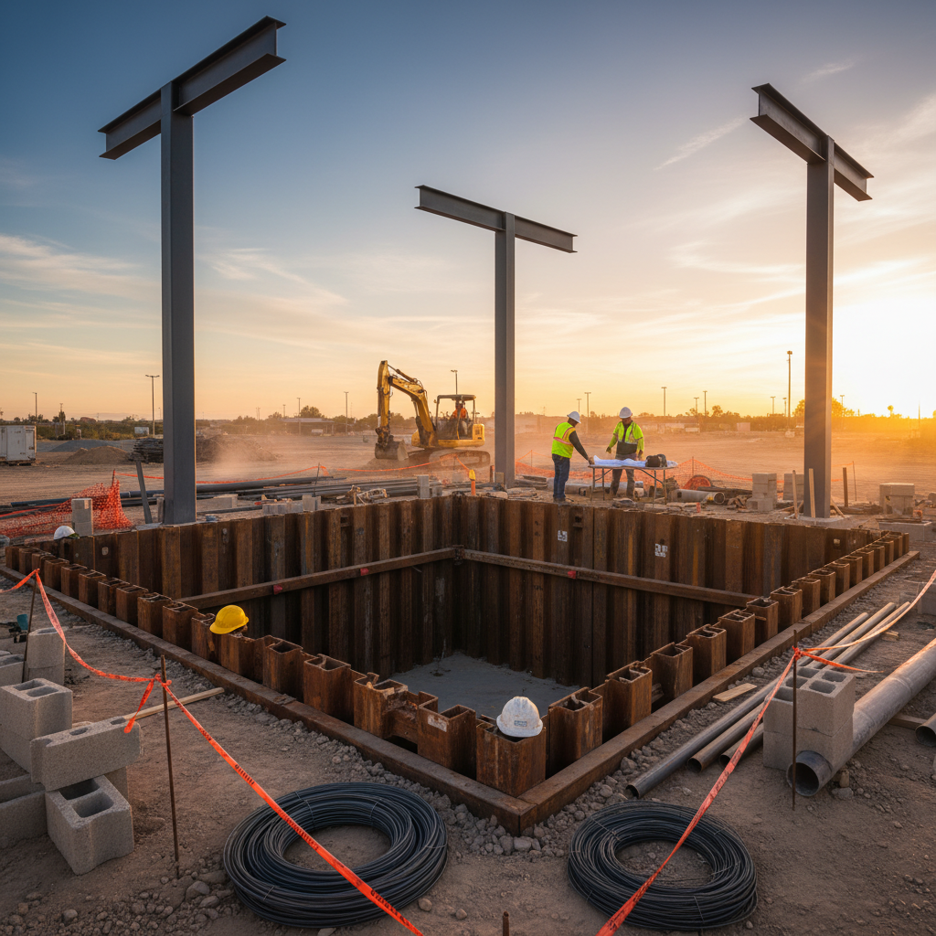 Fuel station under construction in Texas with canopy columns and excavation for USTs, illustrating environmental planning controls and safe shoring