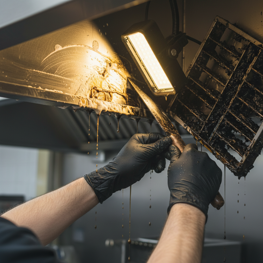 Close-up of professional degreasing a baffle filter and duct during vent hood cleaning services