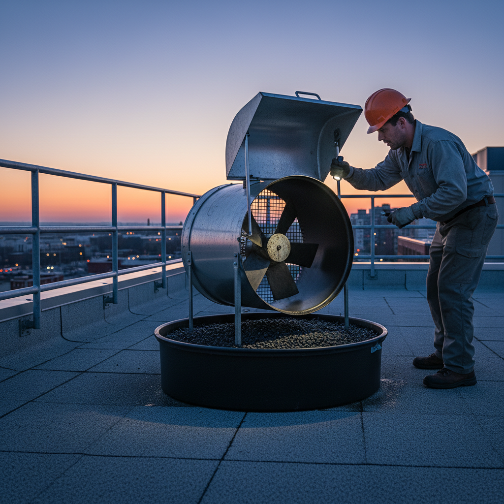 Rooftop exhaust fan open on hinge kit during vent hood cleaning services with grease containment visible