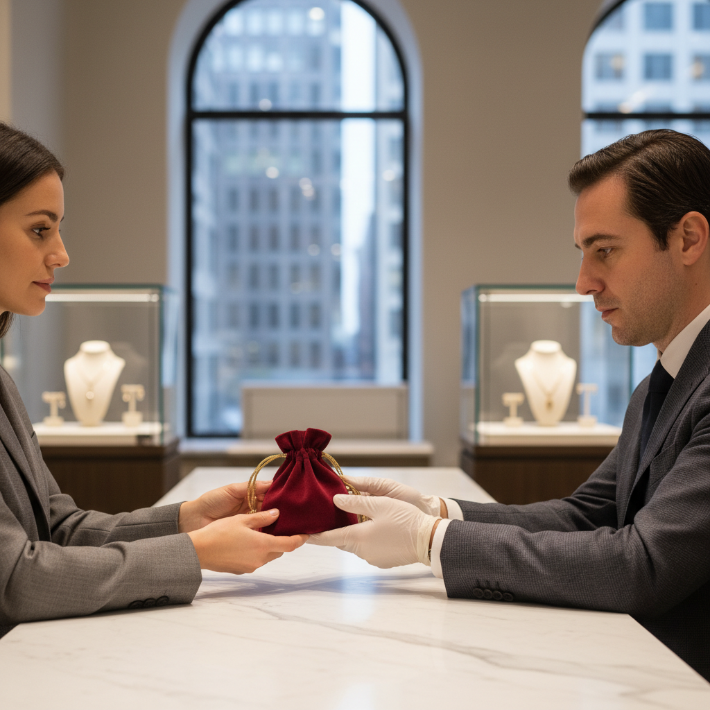 Customer passing a velvet pouch to a gloved professional at a New York jewelry counter, illustrating discreet gold and silver selling