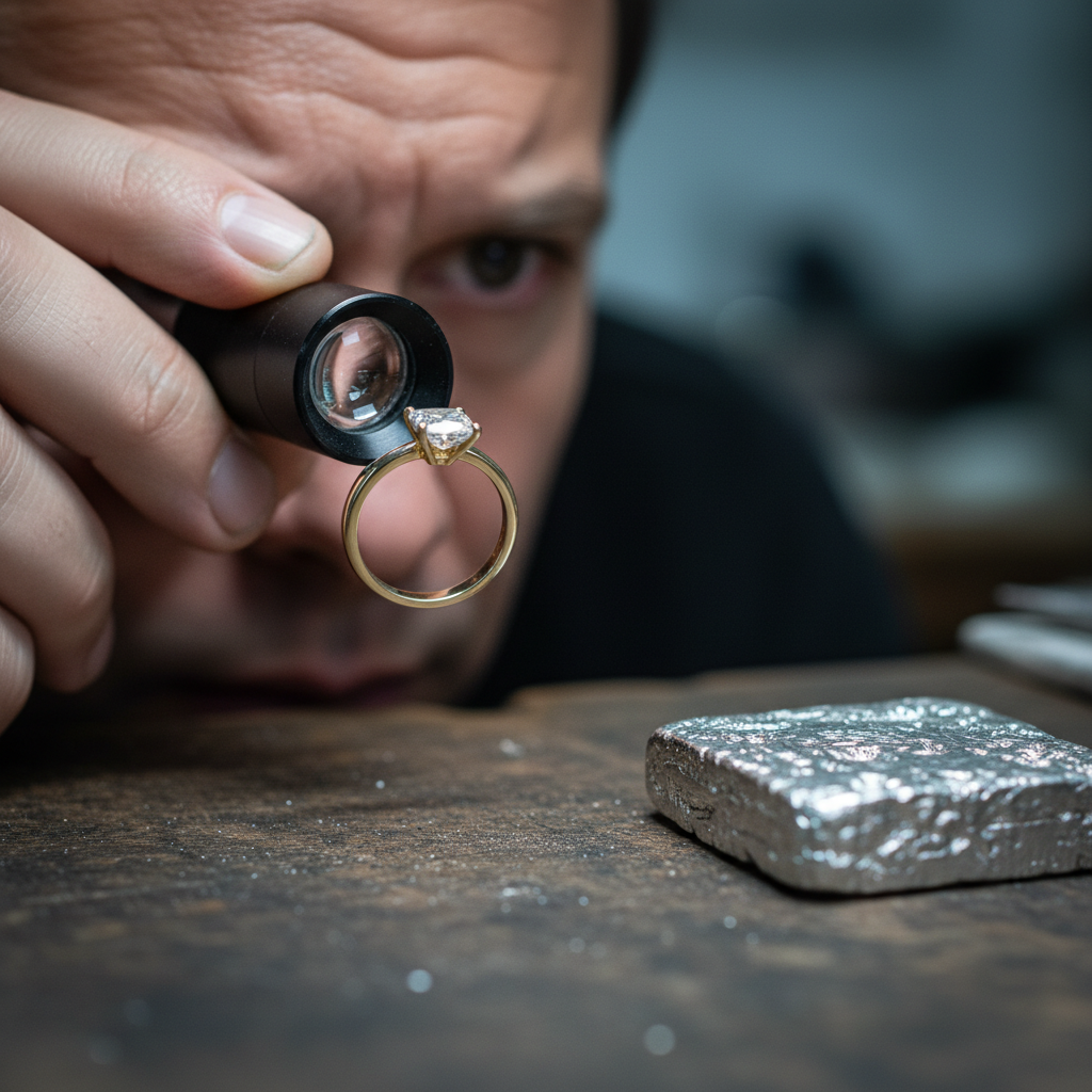 Close-up of expert inspecting gold ring and silver bar, illustrating how NYC gold and silver buyers evaluate purity and authenticity
