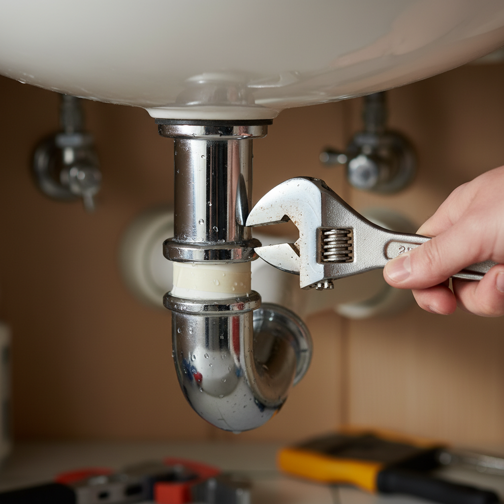 Close-up of a chrome P-trap under a bathroom sink being tightened for home repair plumbing in Dubai