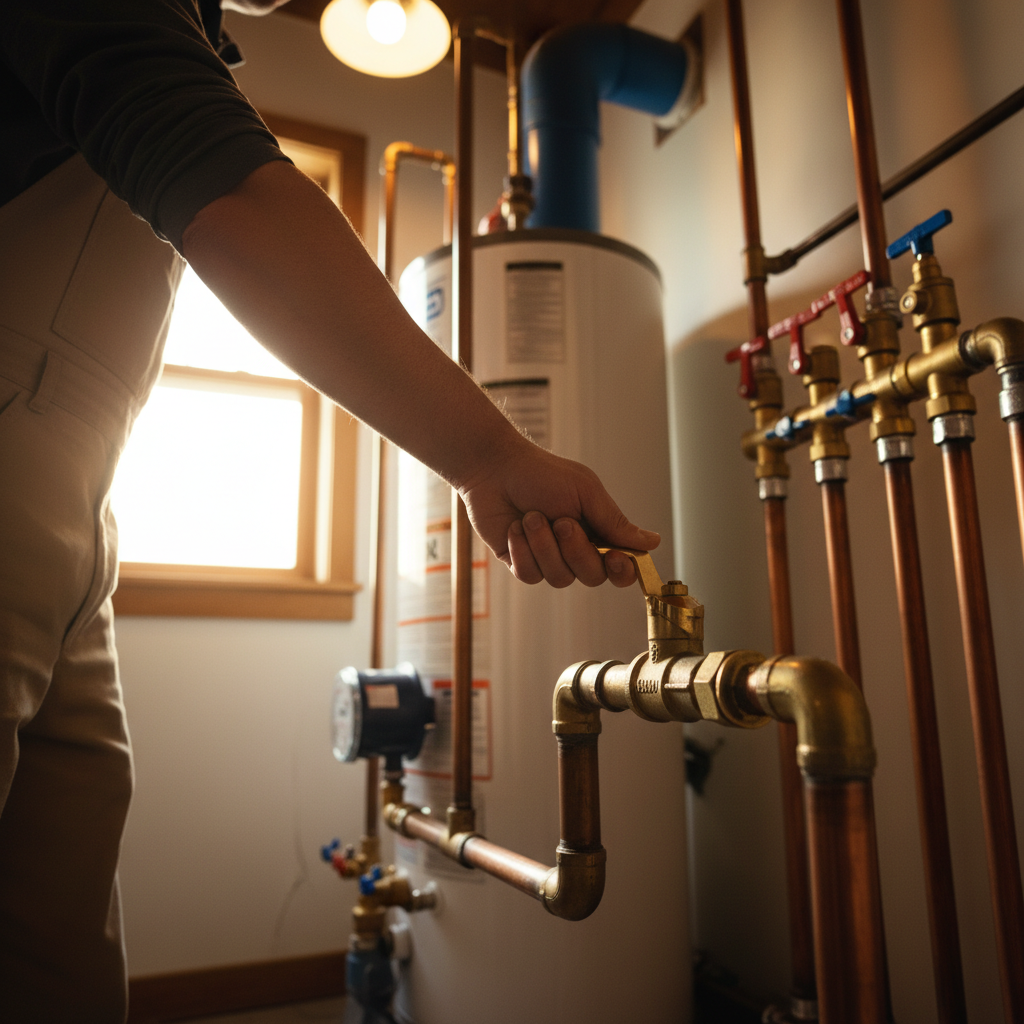 Homeowner turning a brass main water shutoff valve during a home repair plumbing emergency in Ras Al Khor