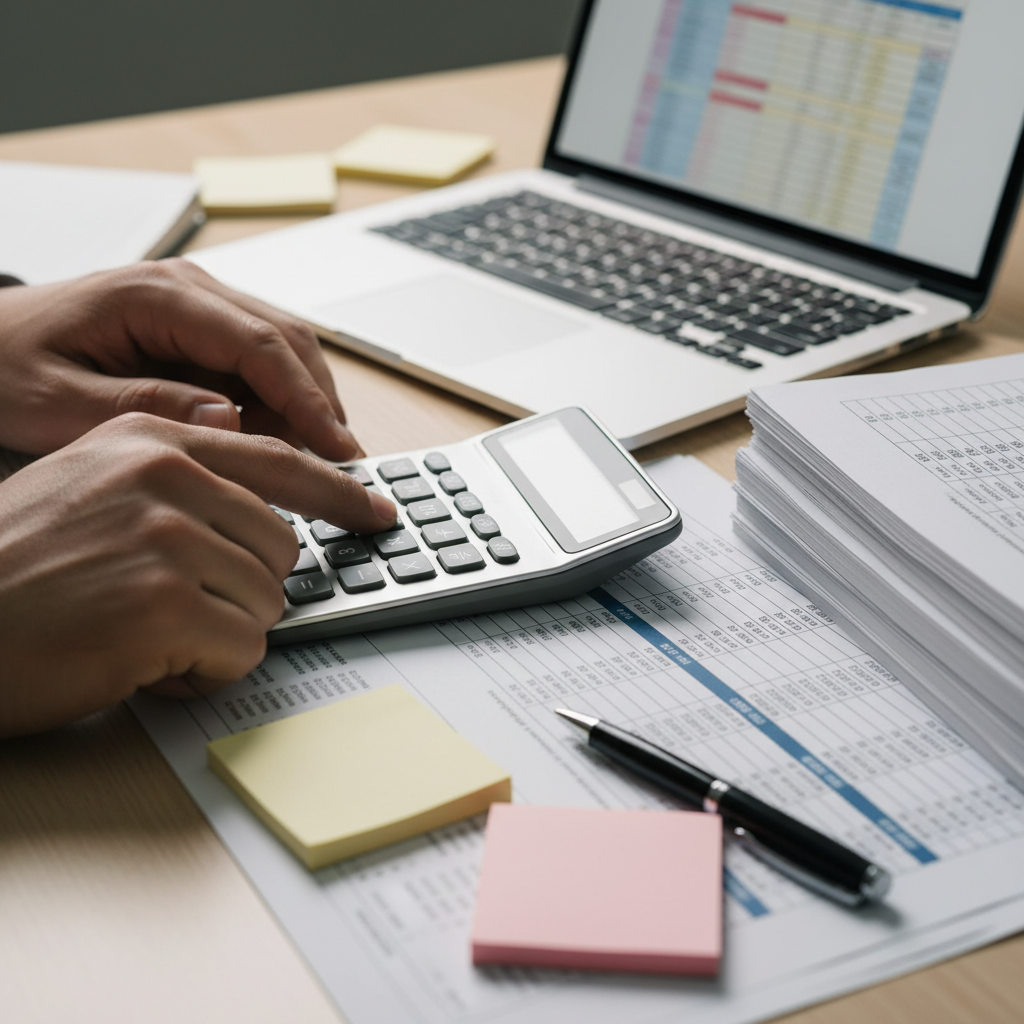 Close-up of audit evidence: calculator, financial statements, and spreadsheet used in audit and assurance services