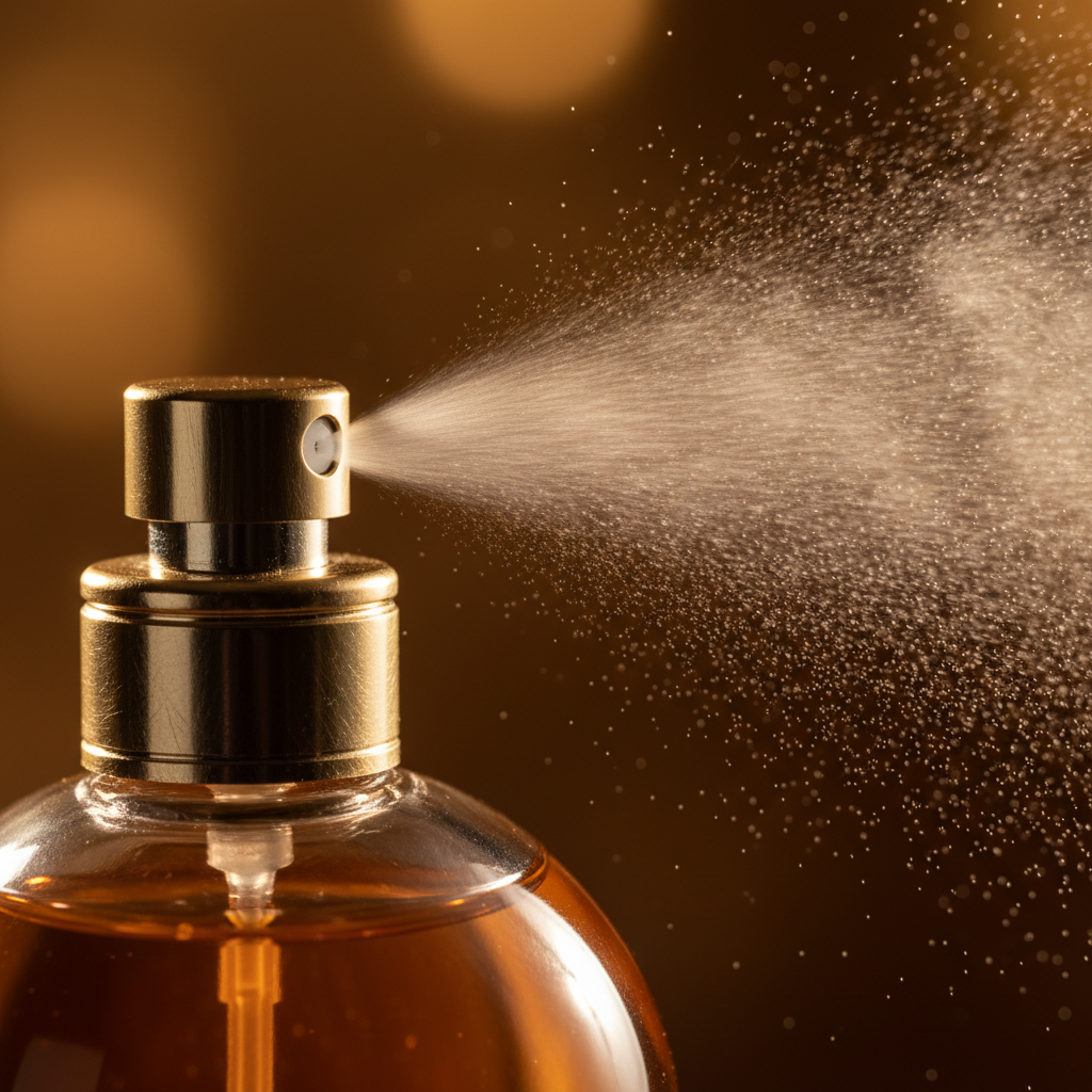 Close-up of a high-end men’s perfume atomizer spraying a fine mist, illustrating application technique and diffusion for longer wear
