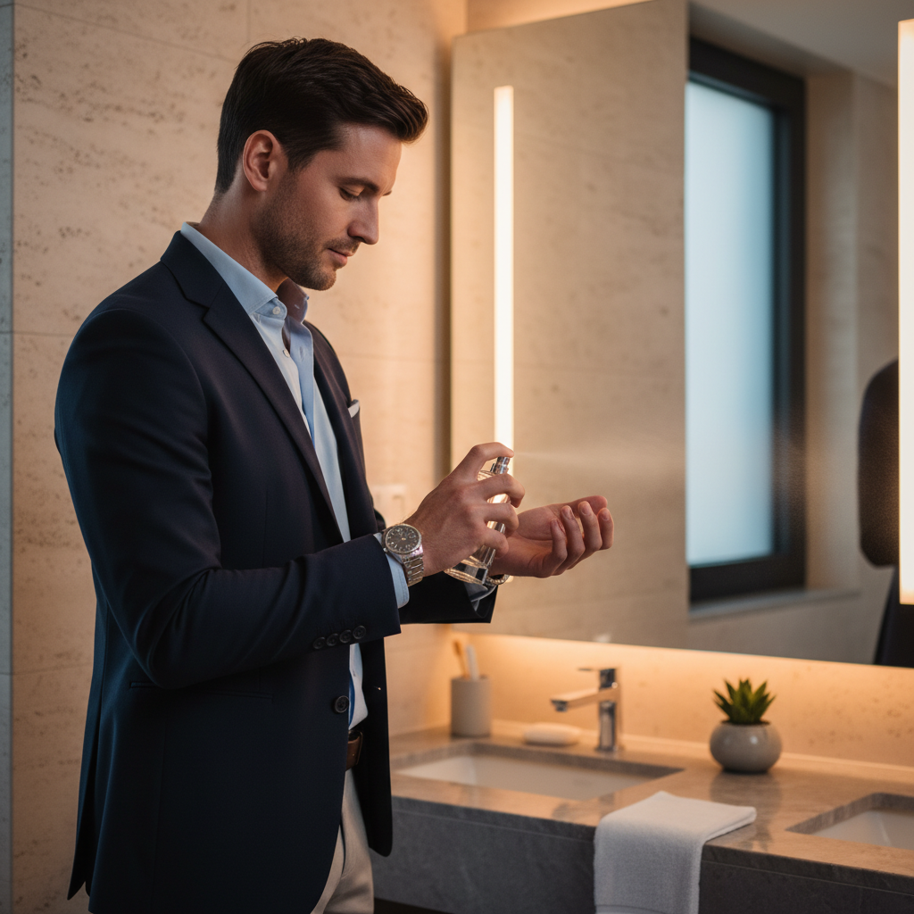 Lifestyle scene of a man applying high-end men’s perfume at wrist pulse points in a modern bathroom, demonstrating proper placement