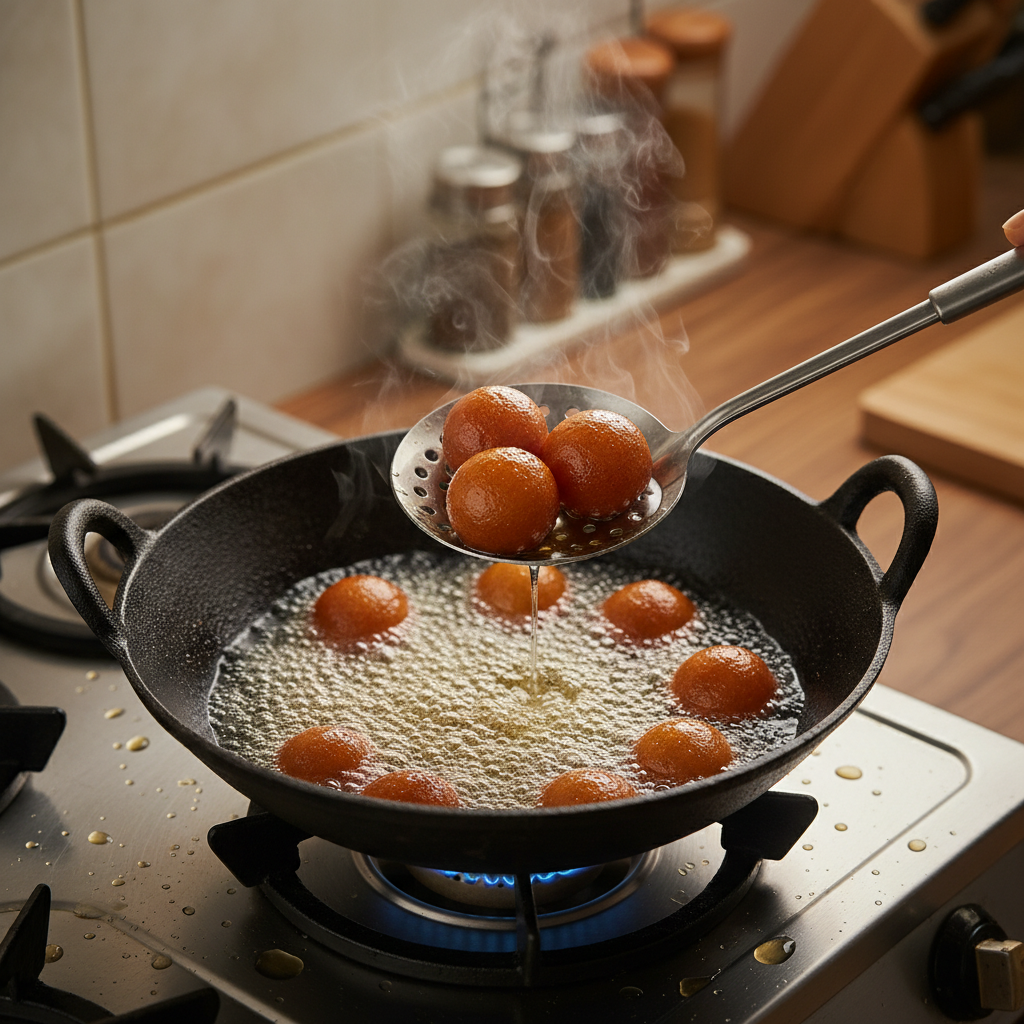 Top-down scene of gulab jamun frying at steady temperature, slotted spoon lifting golden pieces