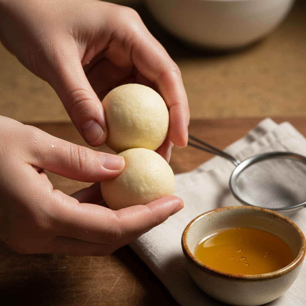 Close-up hands shaping milk powder gulab jamun dough balls, showing smooth texture for even frying