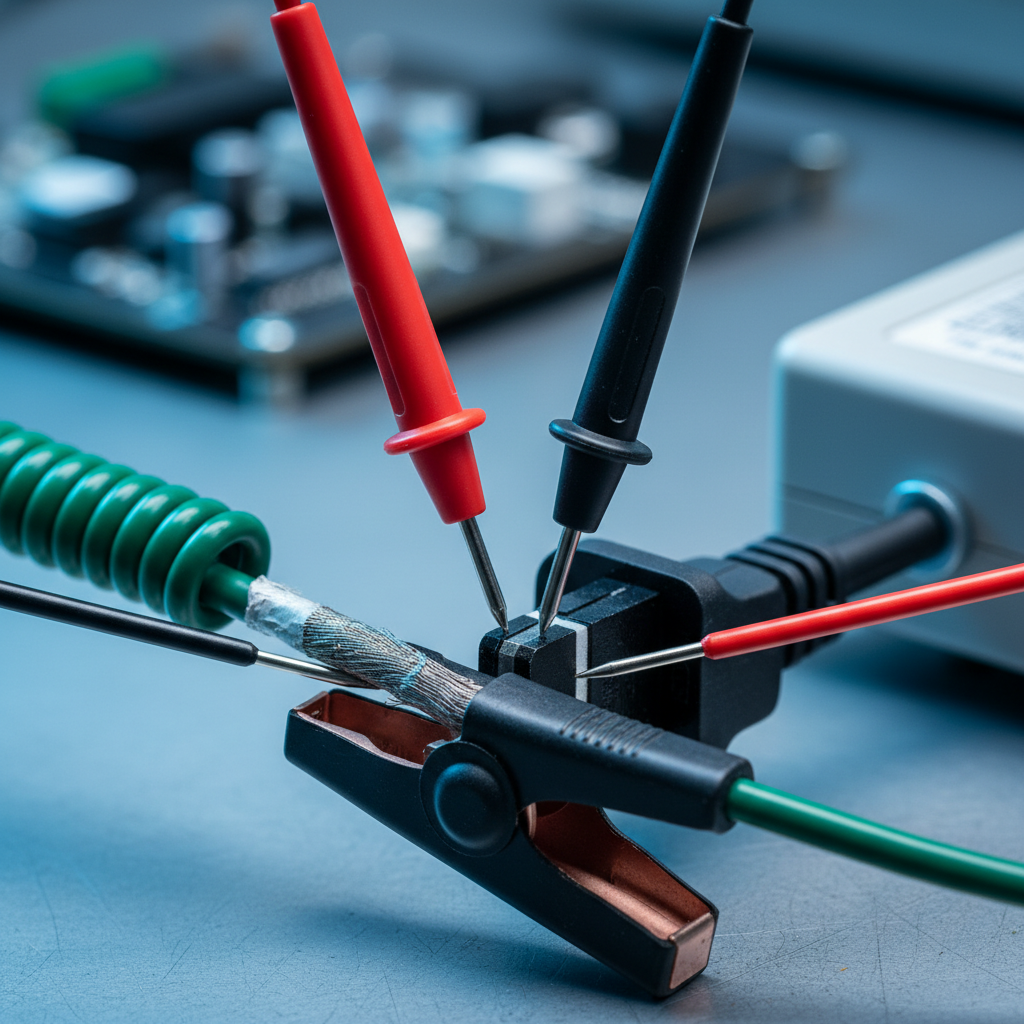 Close-up PAT tester probes on plug during PAT testing London, showing earth clamp and insulation leads in sharp focus
