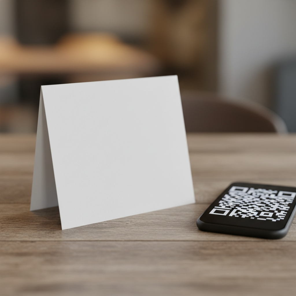Close-up of a blank folded table tent card with a smartphone suggesting a QR code action for real estate events