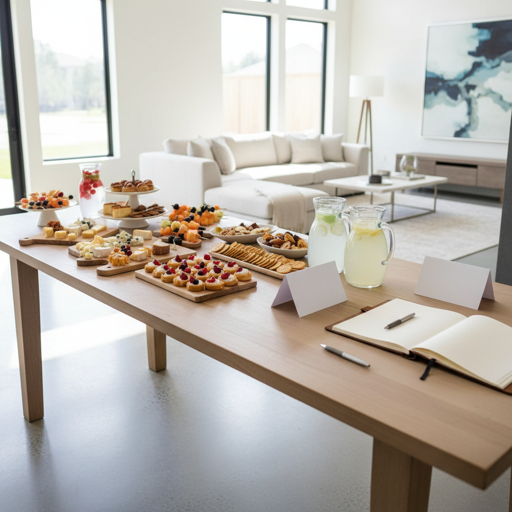 Open house refreshment table with blank table tent cards guiding real estate event guests