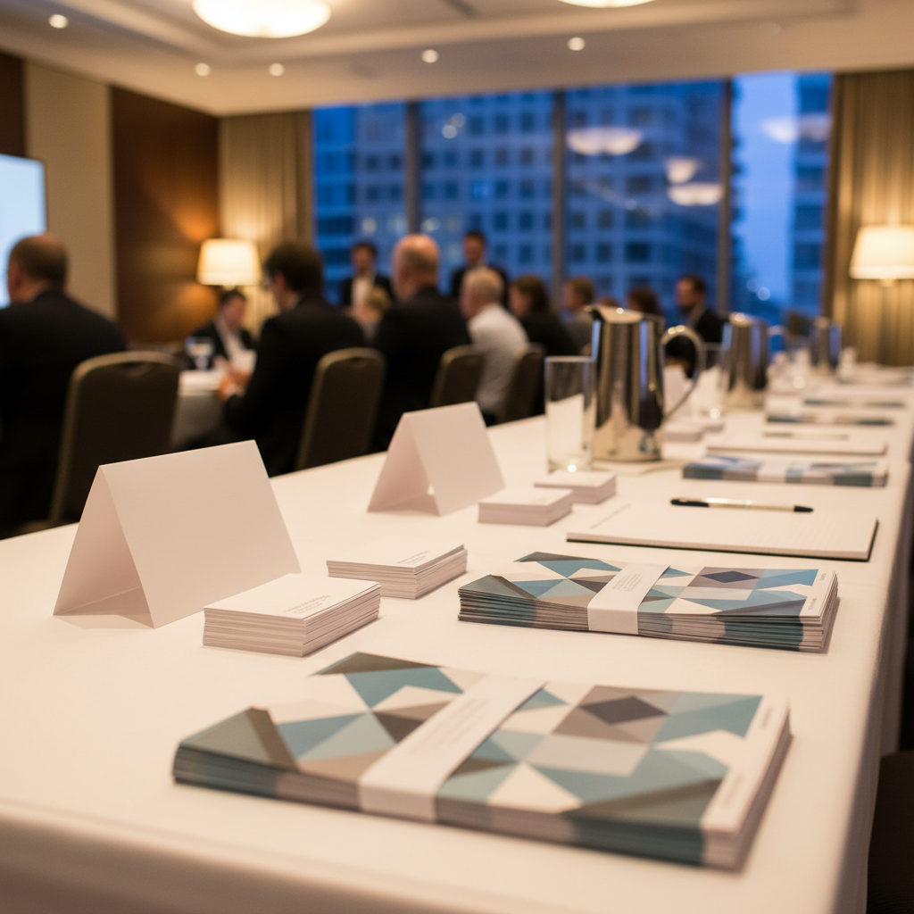 Seminar registration desk scene with blank table tent cards, business cards, and flyers for real estate events