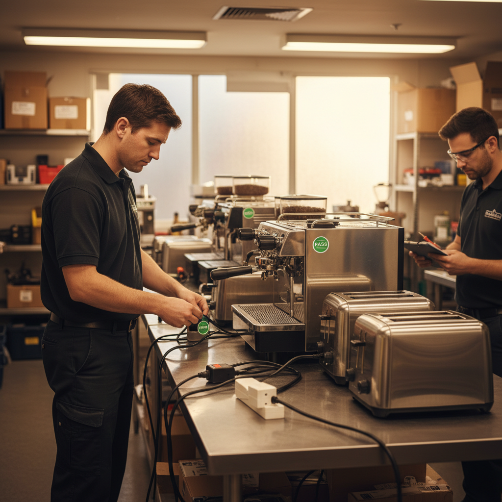 Hospitality back-of-house scene during PAT testing in London with portable appliances being labeled after inspection