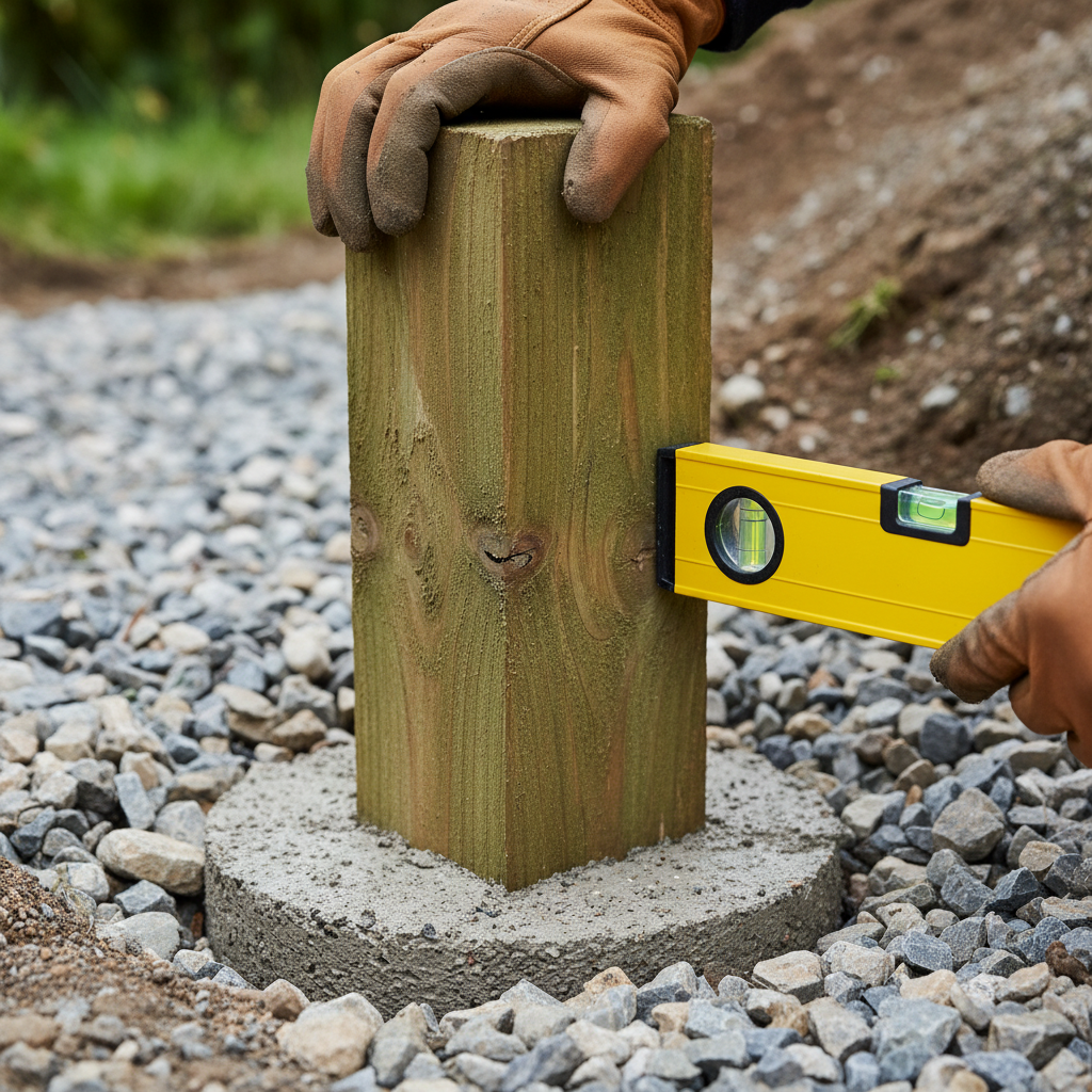 Close-up of a treated wood fence post set in a gravel base with a shaped concrete collar, showing proper drainage for Mississauga fence installation
