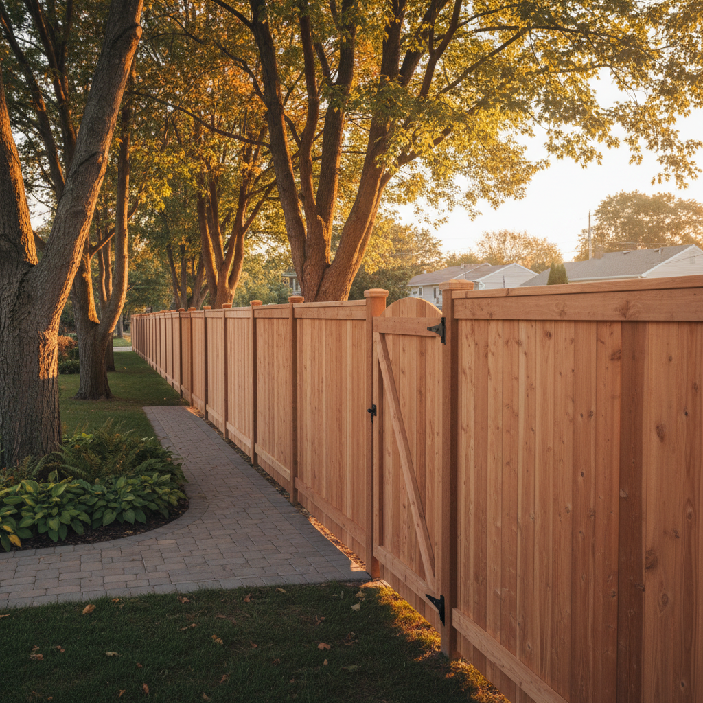 Finished cedar privacy fence and gate beside an interlocking walkway in Mississauga, showing even panels and plumb posts