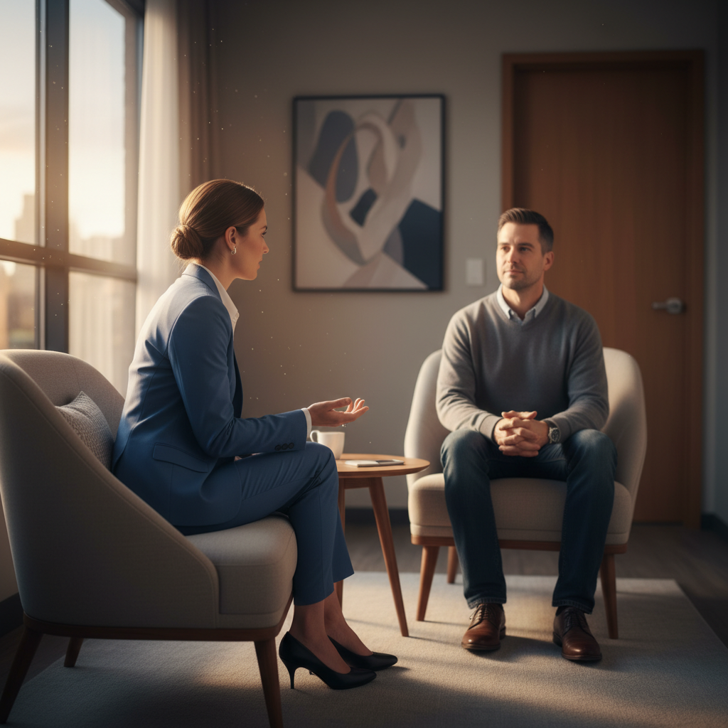 Private counseling room scene at a MAT methadone clinic showing a clinician and patient building a recovery plan