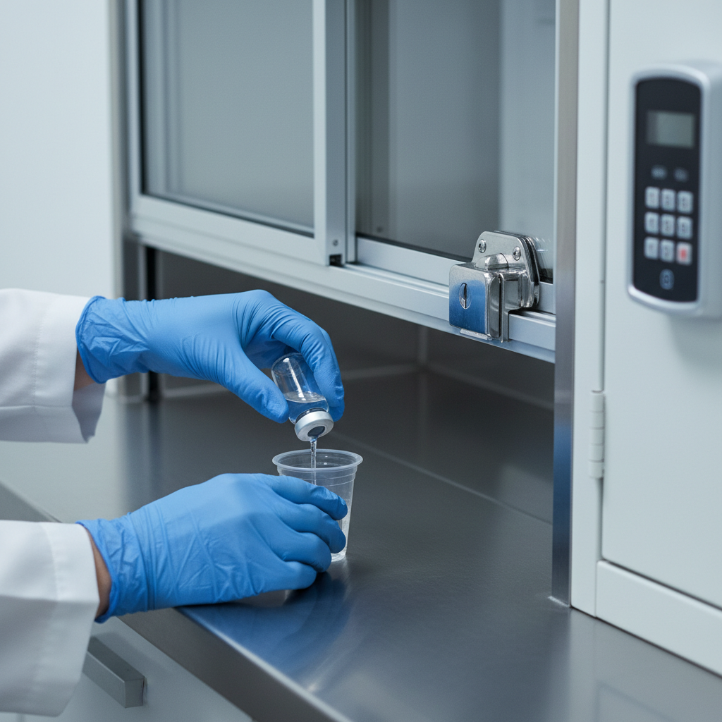 Detail view of safe dosing at a MAT methadone clinic with a clinician preparing a single medication cup for supervised induction