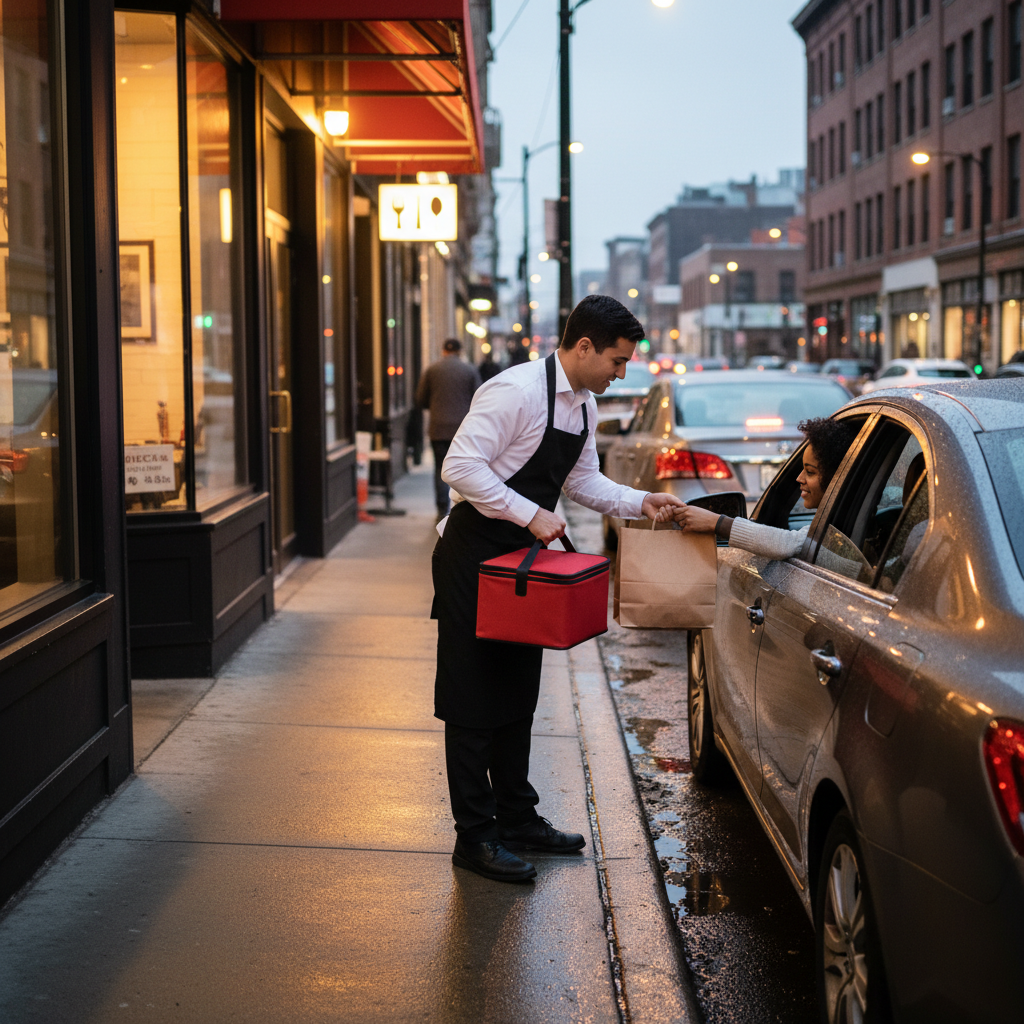 Curbside Mexican food pickup at dusk in Toronto showing staff handing a sealed bag to a customer for a fast handoff