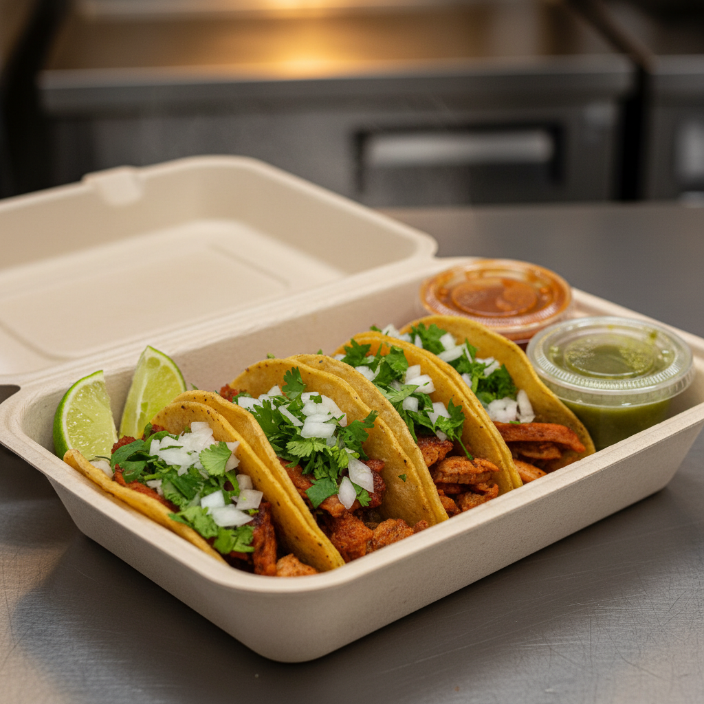 Close-up of tacos packed for takeout showing the Mexican food pickup process with insulated, compostable packaging