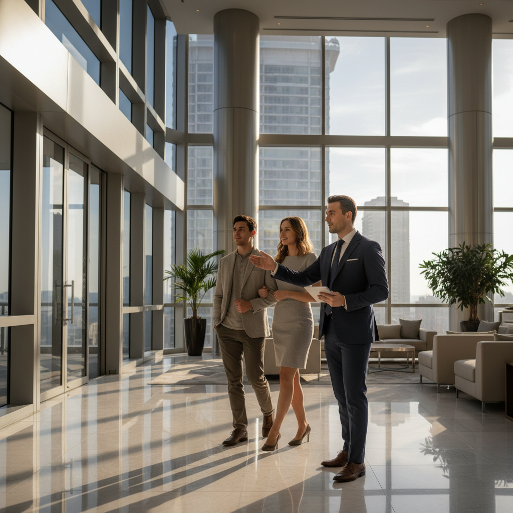 Real estate agent leading buyers through a Mississauga condo lobby after shortlisting MLS results