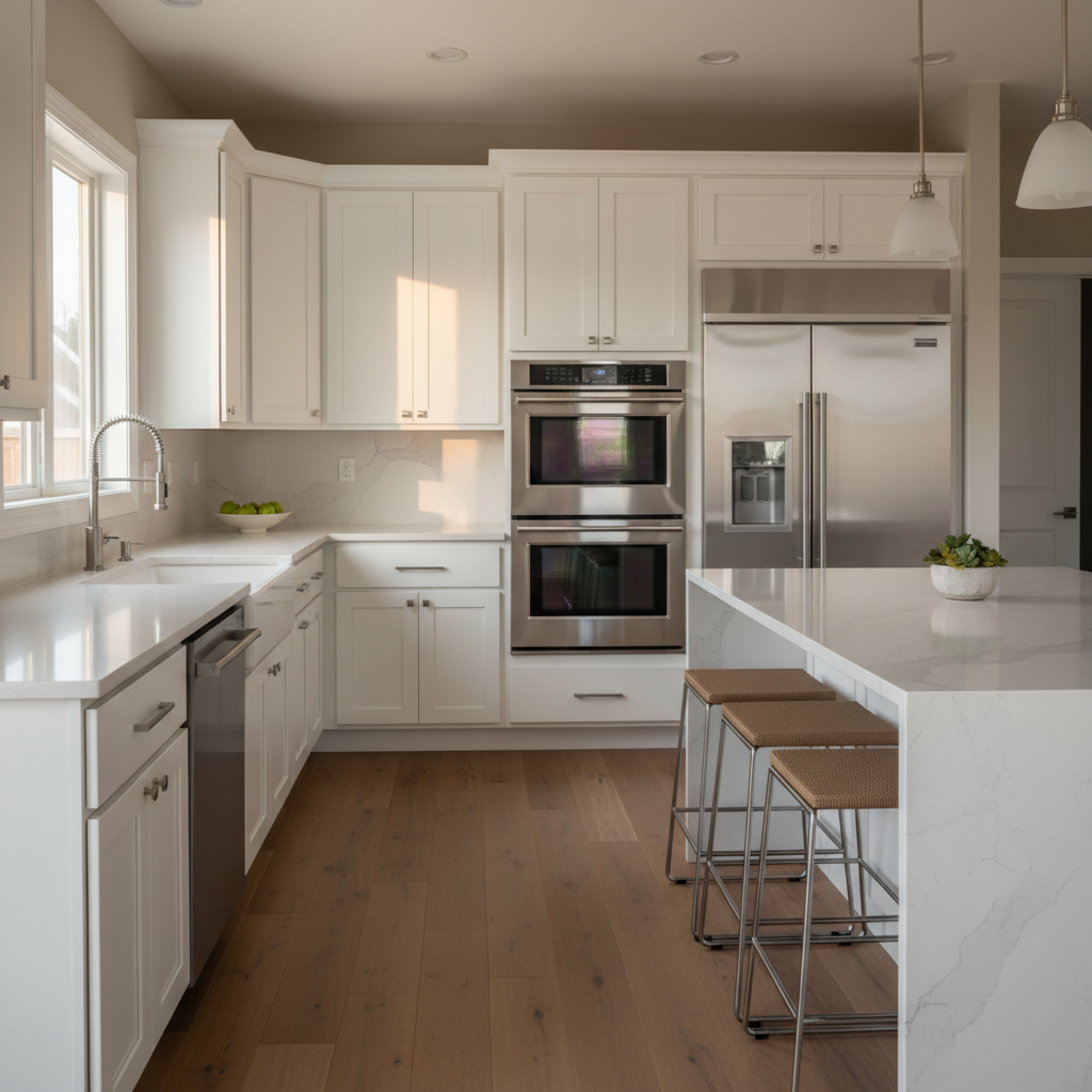 Finished kitchen example in Toronto showing formerly oak cabinets now painted white with smooth enamel finish