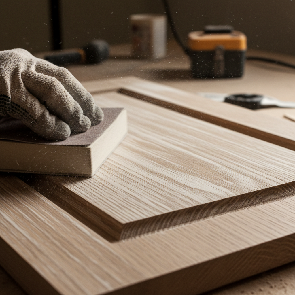 Close-up of oak cabinet grain being filled and sanded smooth before painting oak cabinets
