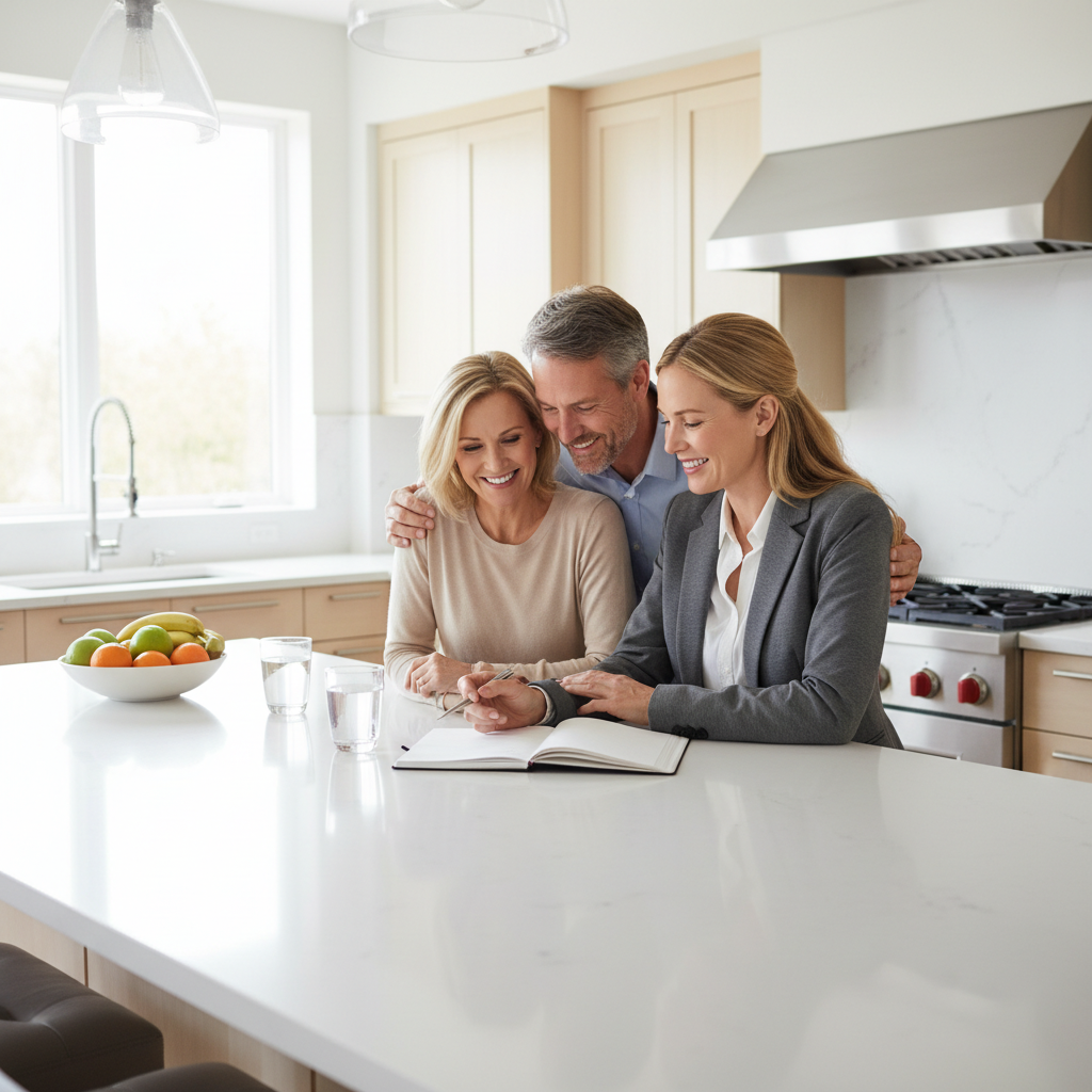 Brampton realtor advising homeowners in a bright kitchen, discussing an address-based home valuation plan for listing