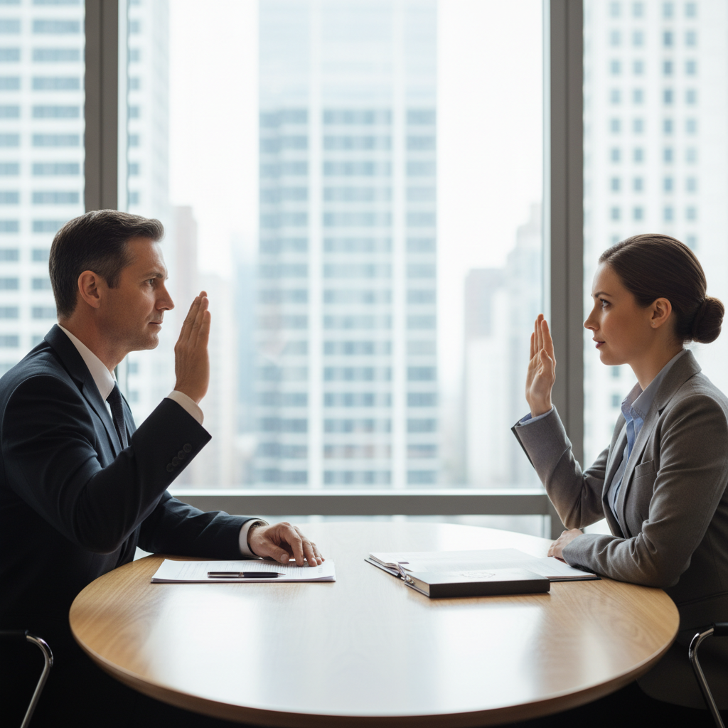 Client raising right hand while a lawyer administers an oath during a commissioning appointment in Toronto